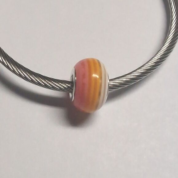 Pink Orange White Striped Charm for Pandora Style Bracelet - Picture 2 of 4